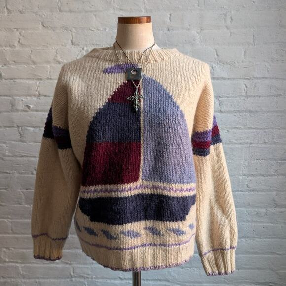 Vintage Wool Nautical Sweater Crewneck Knit Chunky Coastal Boho Grandpa Cozy Top - Picture 3 of 6